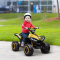 Kids yellow electric quad bike with black tires and blue LED headlights, child rider