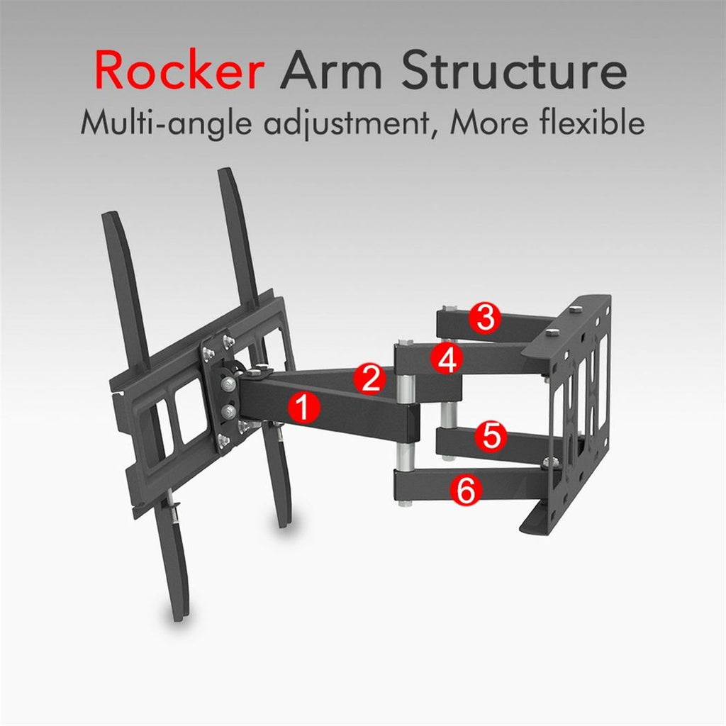 Black rocker-arm TV mount bracket with multi-angle adjustment pivot and base plate