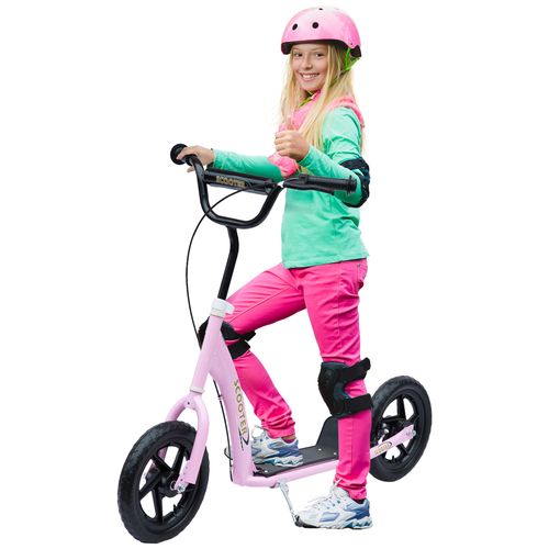 Kids kick scooter with pink frame, black handlebar, large wheels and rear brake.