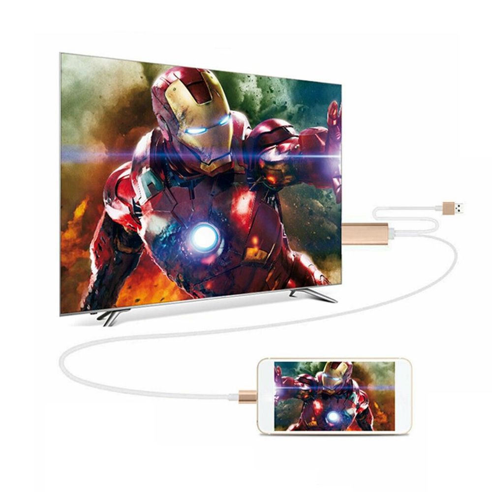 White HDMI cable connecting a TV and smartphone with gold adapter ends