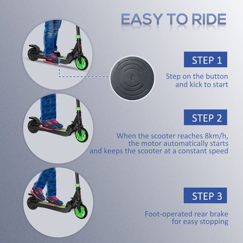 Green folding electric scooter with foot-operated rear brake, black tires and deck