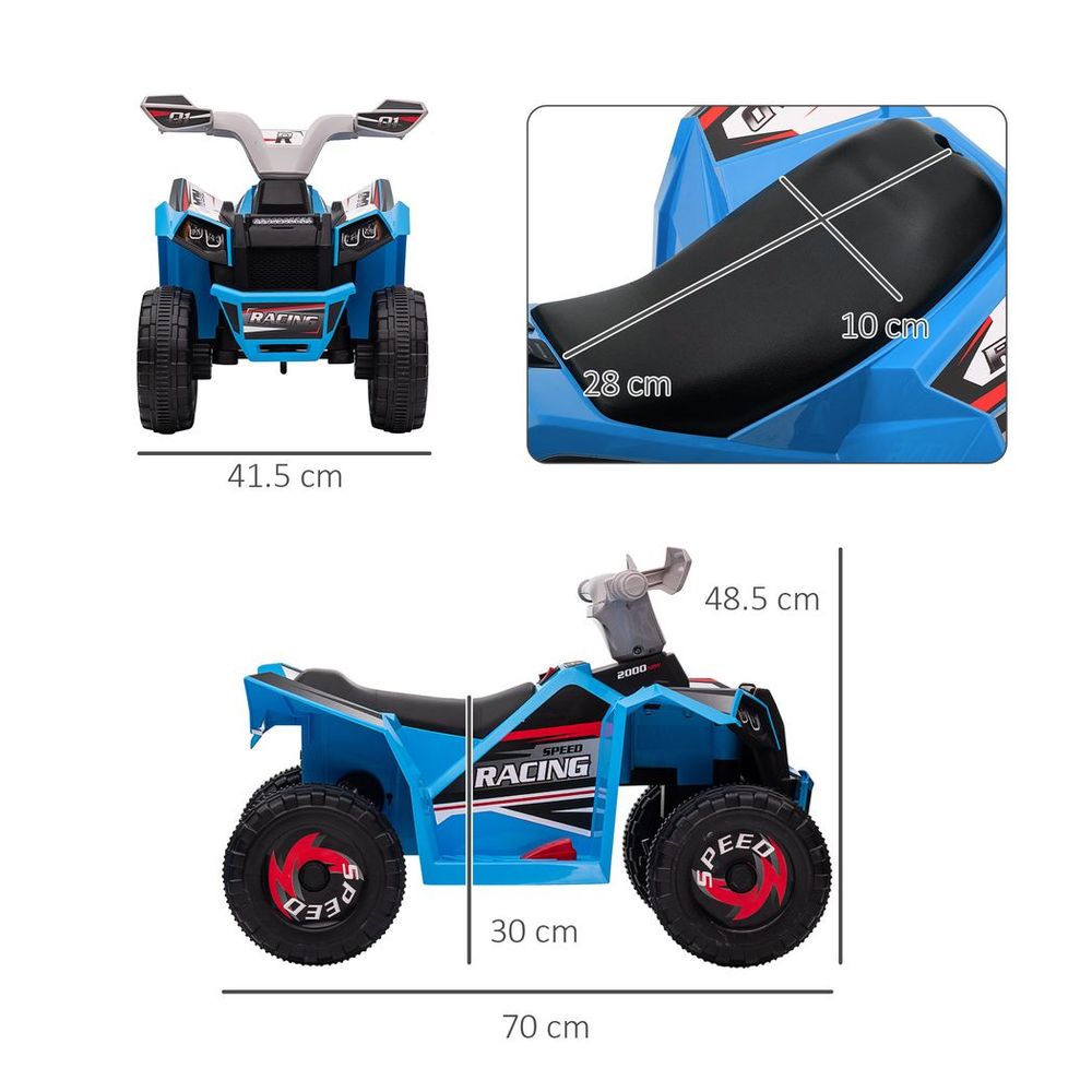 Blue kids electric quad bike with size measurements shown on front, side, and bottom