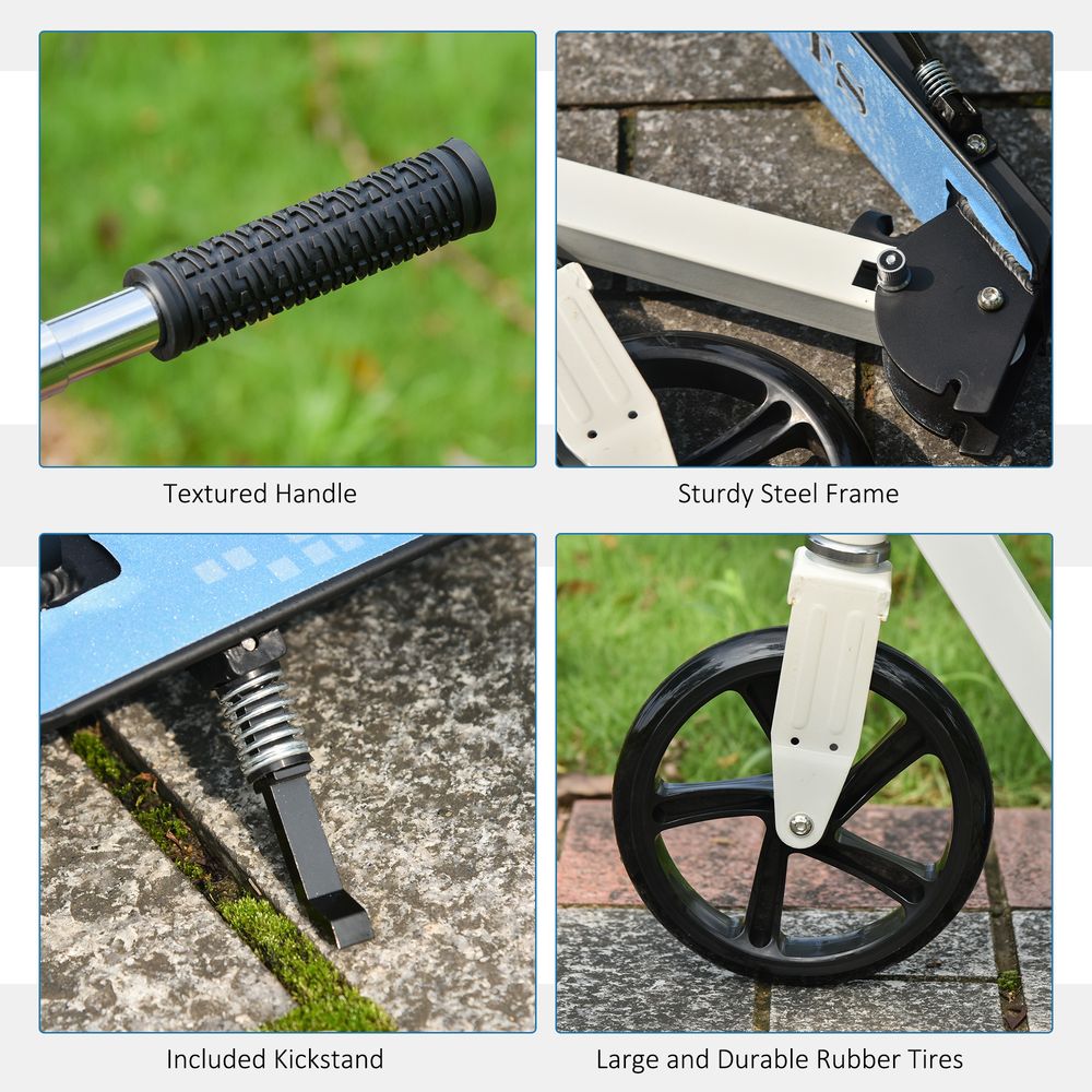 Kick scooter close-up: textured handle grips, steel frame, kickstand, and rubber tires.