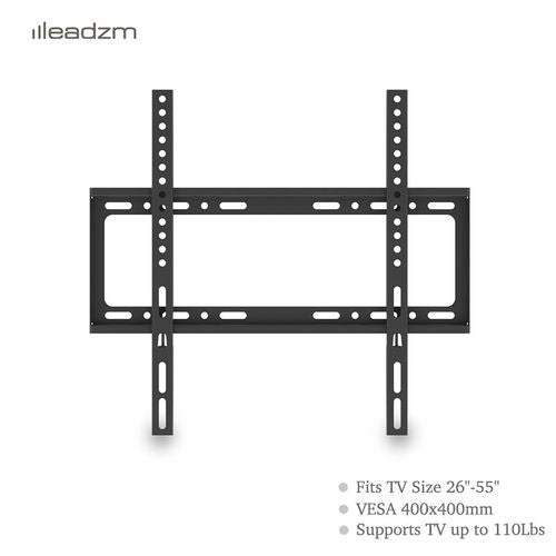 Black TV wall mount bracket front view with slotted mounting rails and bars