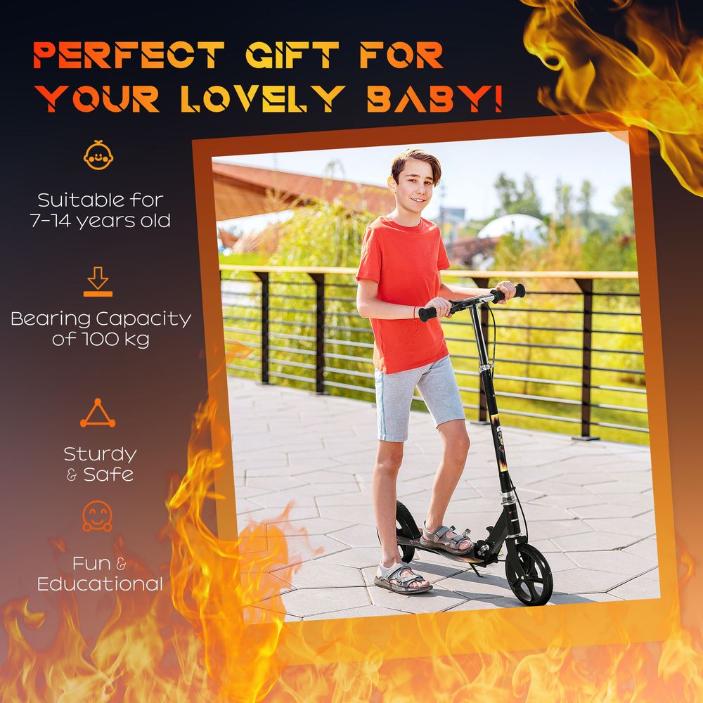 Kids kick scooter with black frame and large wheels, shown with rider outdoors