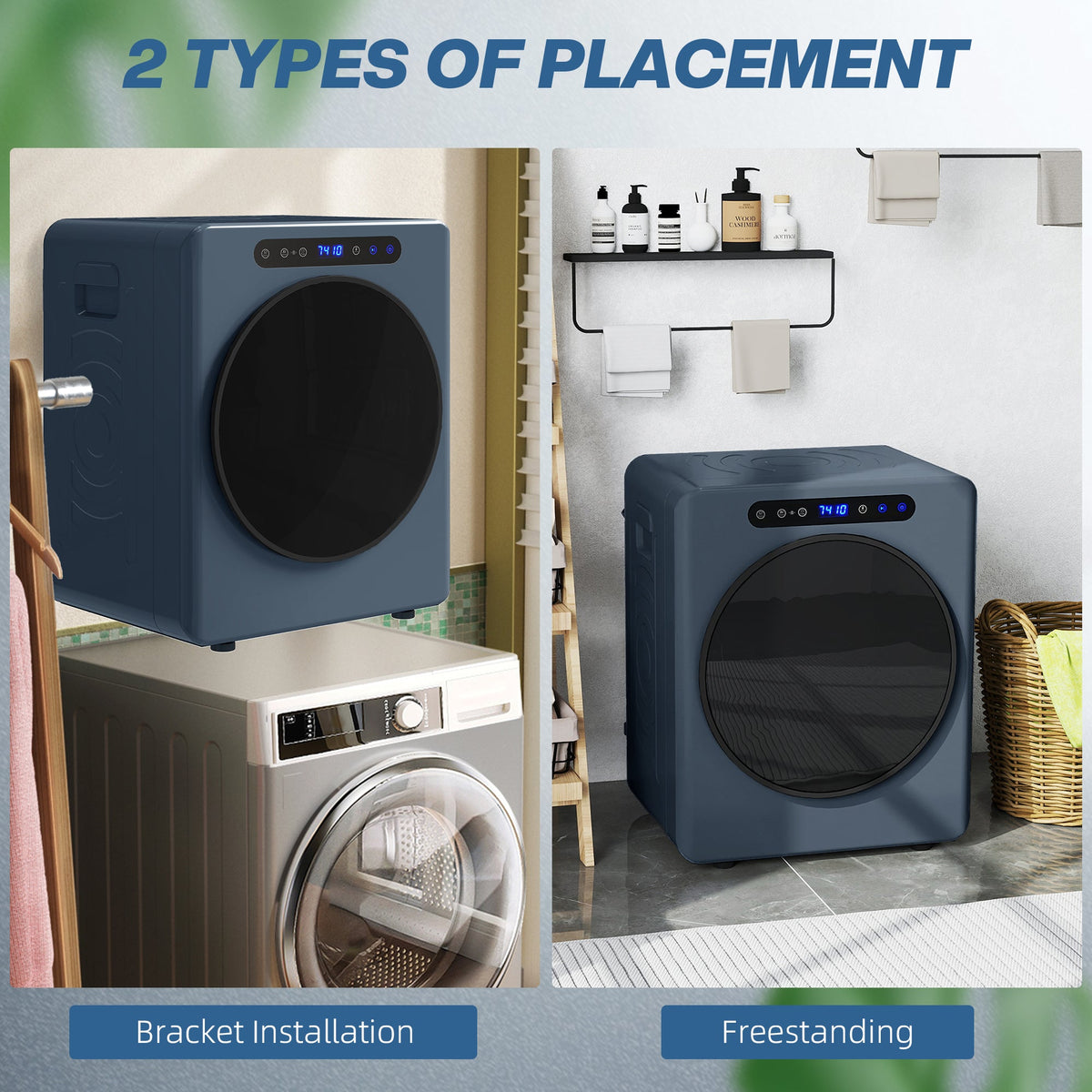 Blue compact tumble dryer shown for bracket installation and freestanding use