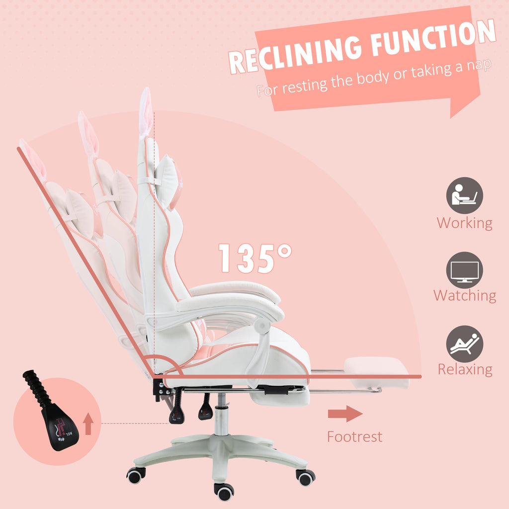 Reclining gaming chair with bunny-ear headrest, pink seat, and extended footrest