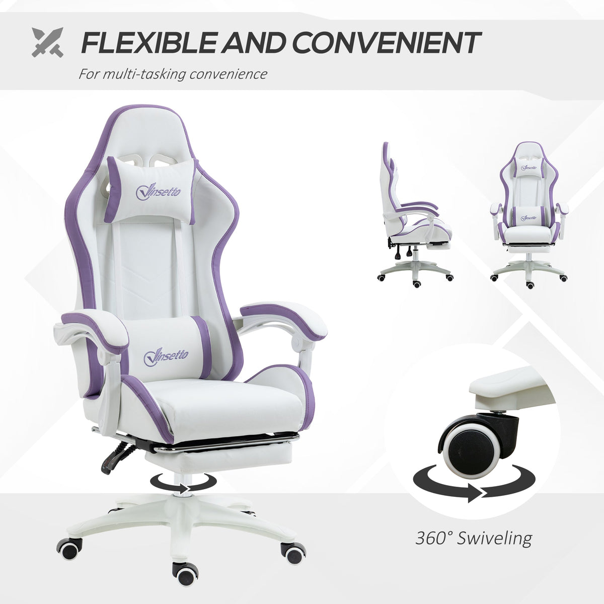 White and purple swivel gaming chair with rolling base and recline footrest
