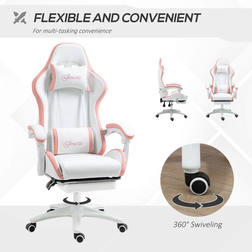 White and pink gaming chair with recline padding, 360° swivel base, and armrests