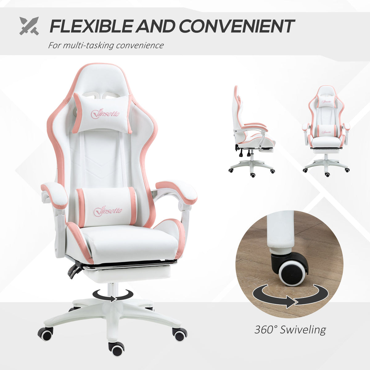 White and pink gaming chair with recline padding, 360° swivel base, and armrests