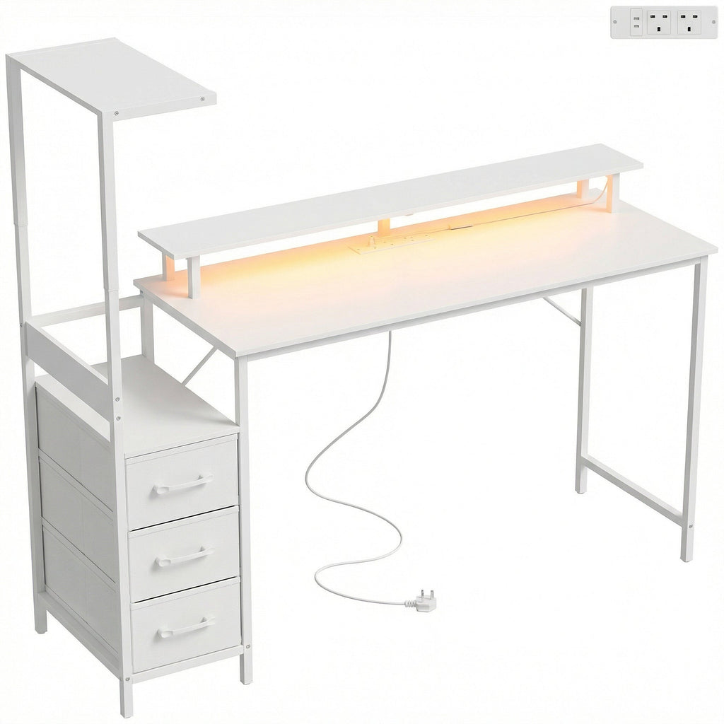 White gaming desk front view with open storage shelf and cable-ready charging area