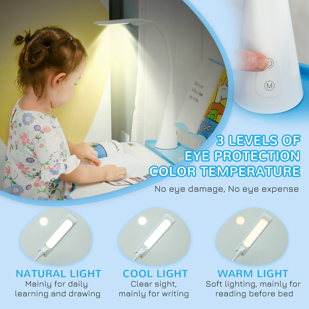 Kids study desk lamp with three light color modes for reading and writing