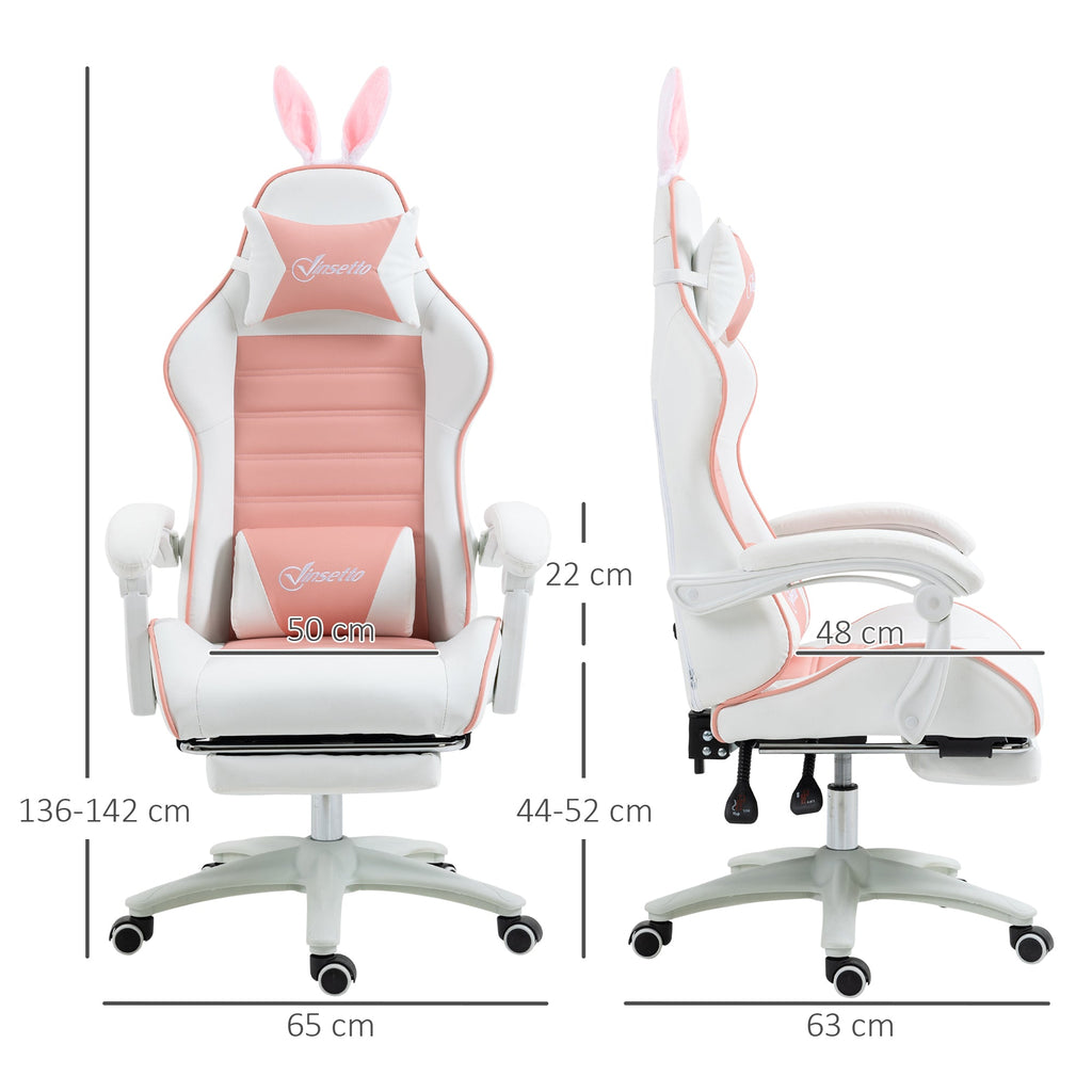 Gaming chair with bunny-ear headrest; front and side views with pink backrest and white base