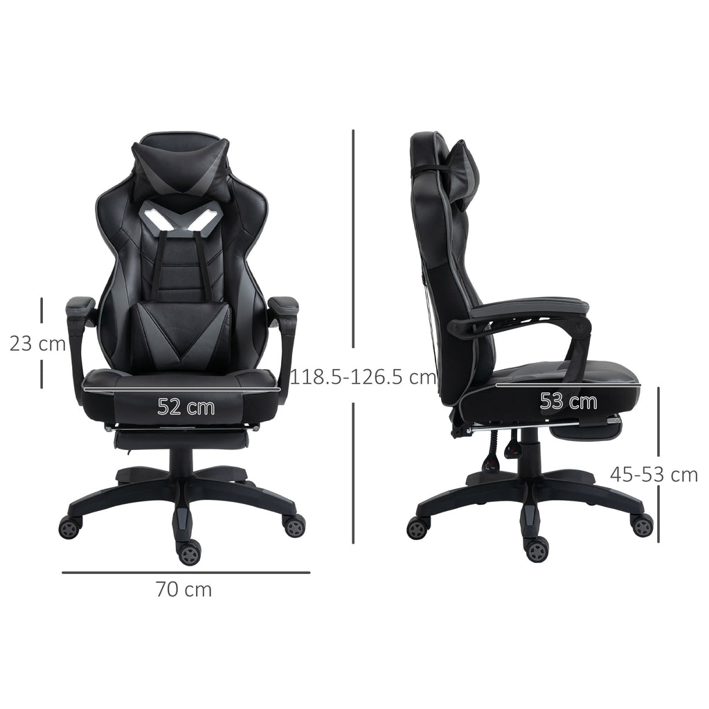 Gaming chair side view with headrest, lumbar support, footrest, and swivel caster base; dark grey