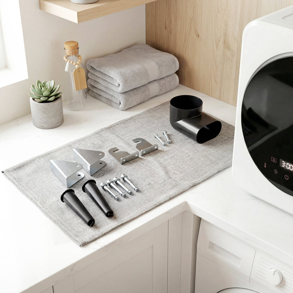 White wall-mounting kit parts laid out beside a compact tumble dryer