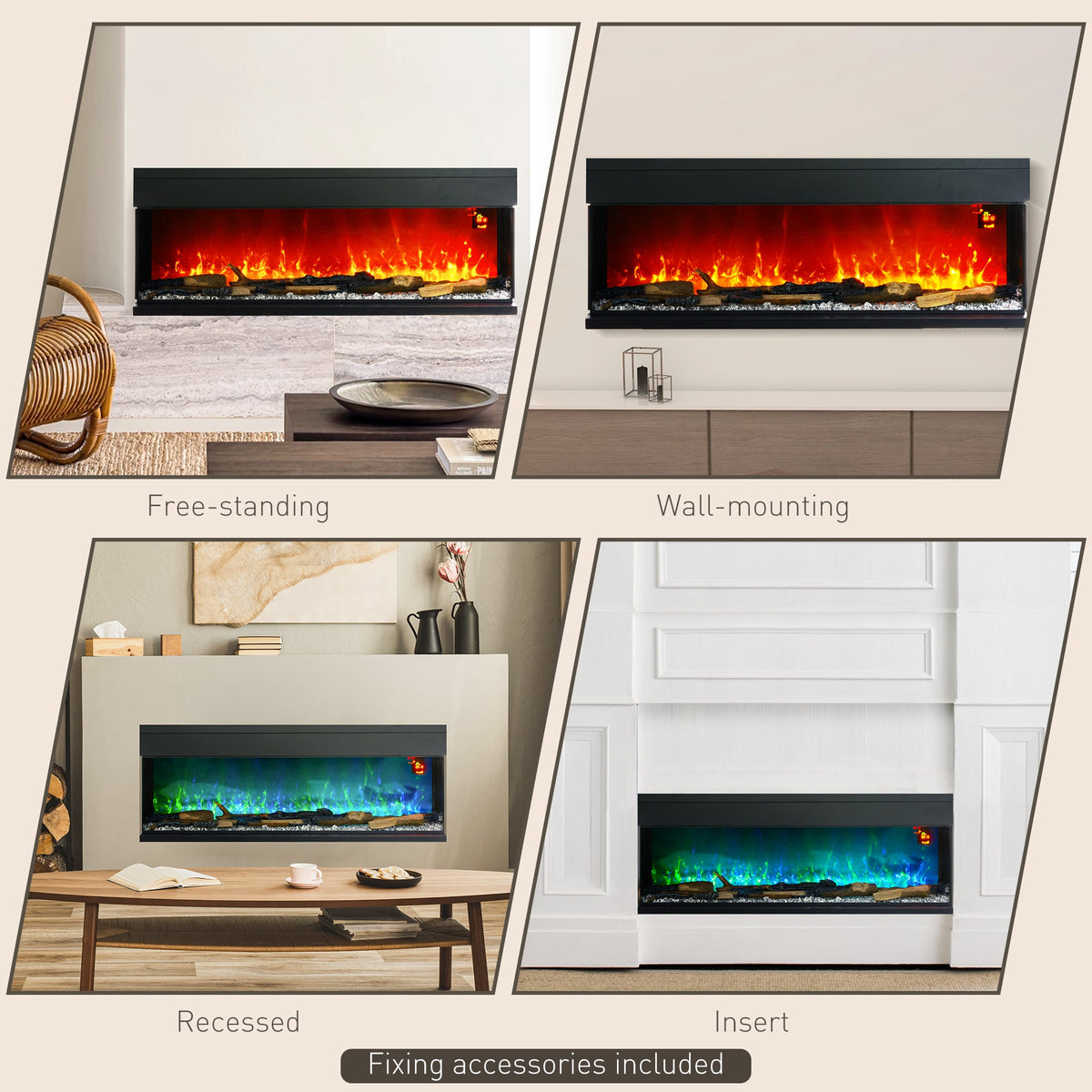 Glass-panel electric flame convector heater shown in free-standing and wall-mount setups.