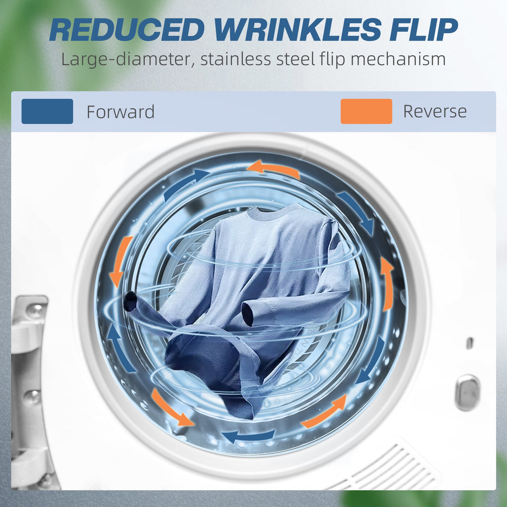White tumble dryer drum with blue fabric load and airflow direction arrows