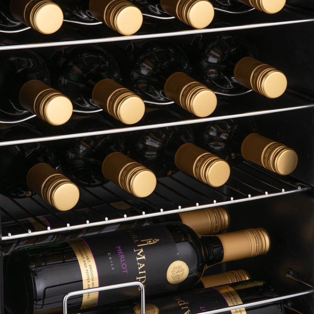 LED wine cooler interior with lit bottles in chrome racks