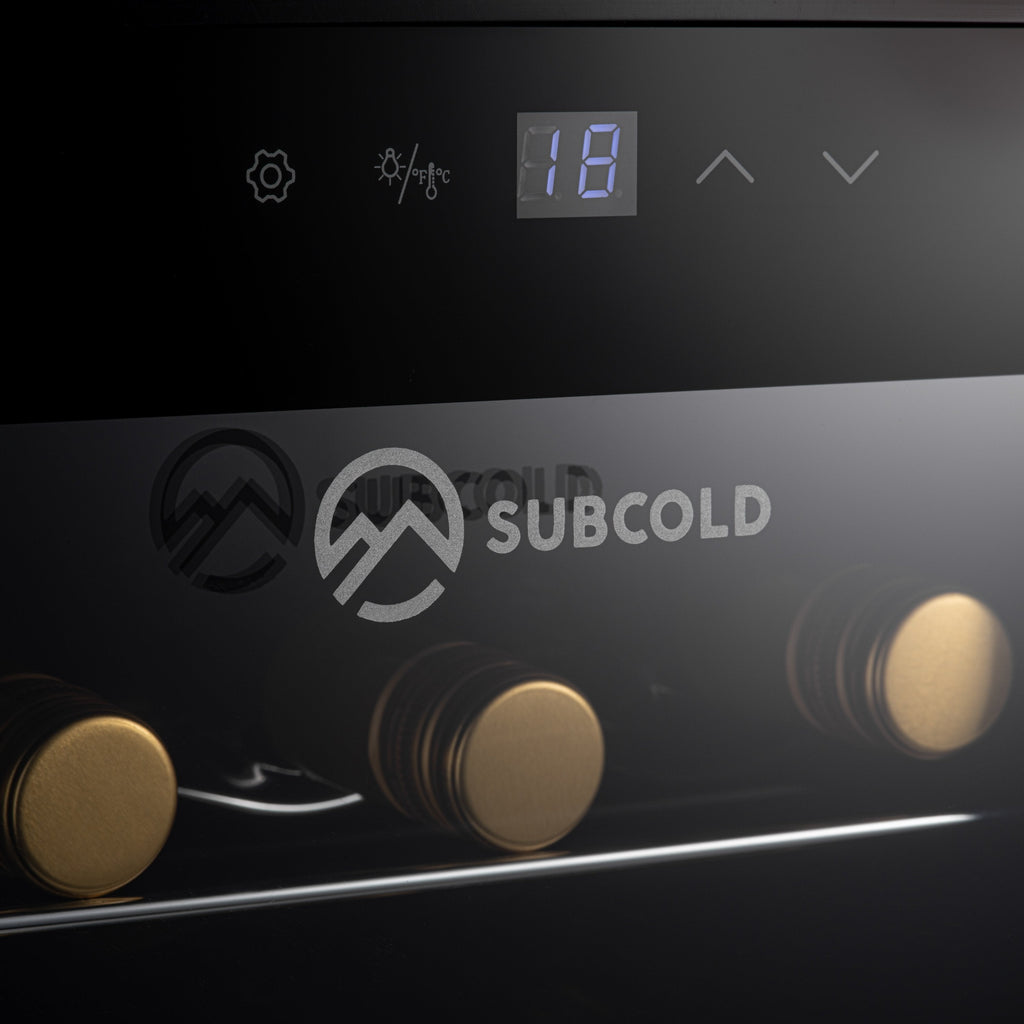 Black wine cooler control panel with digital temperature display and buttons