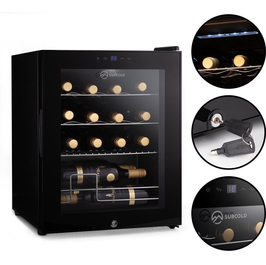 Black wine cooler with glass door; close-ups of lock, key, and control details