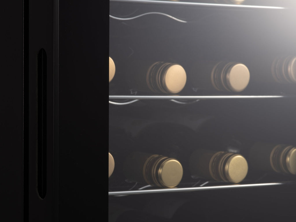 LED-lit wine cooler interior with bottle shelves and rows of stacked bottles