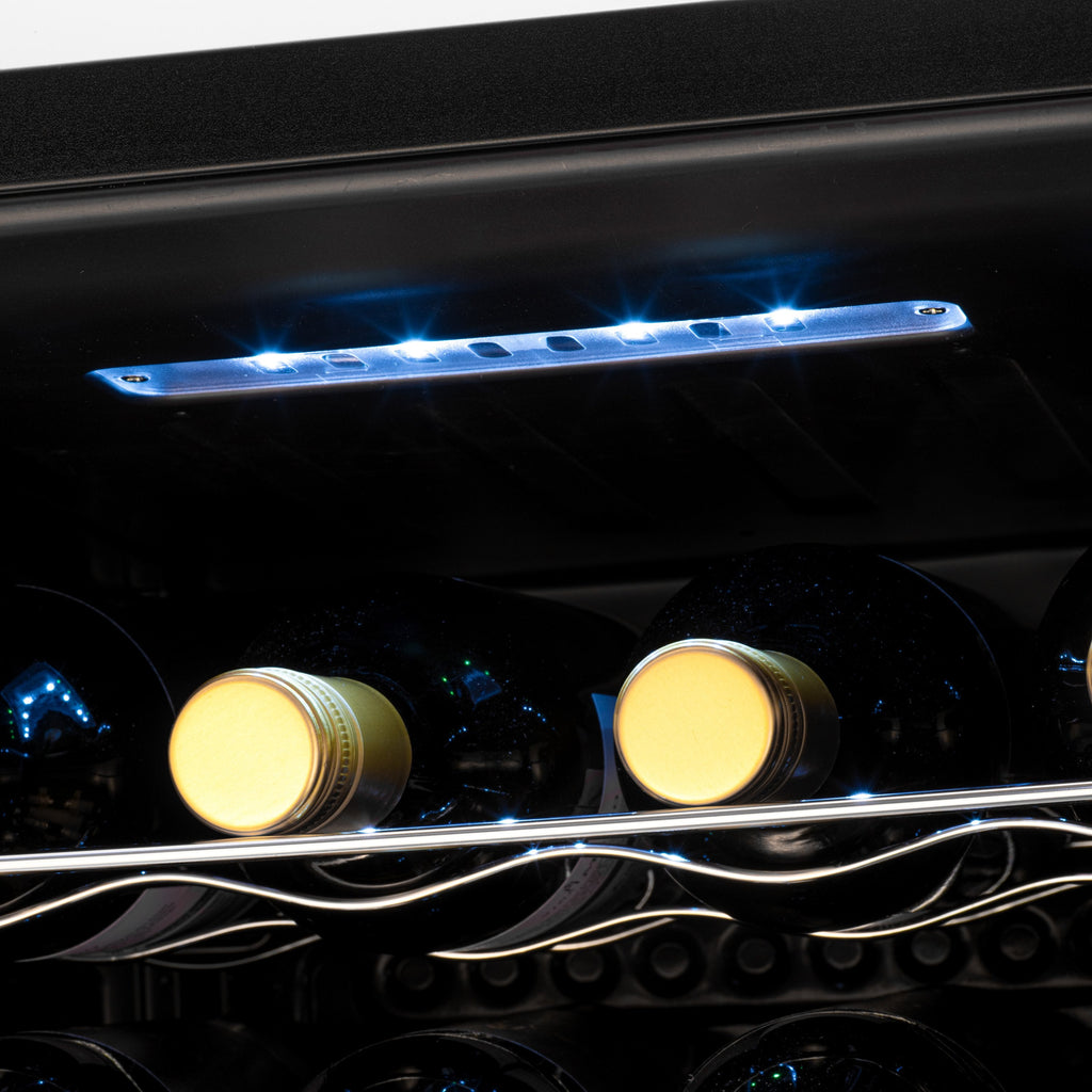 LED wine cooler with blue light bar above bottle compartment