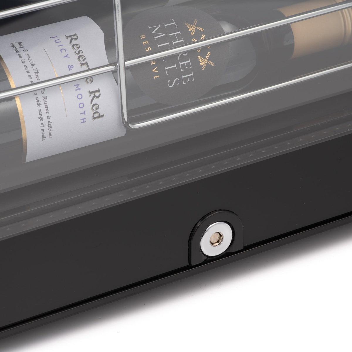 Black wine cooler door with round lock cylinder