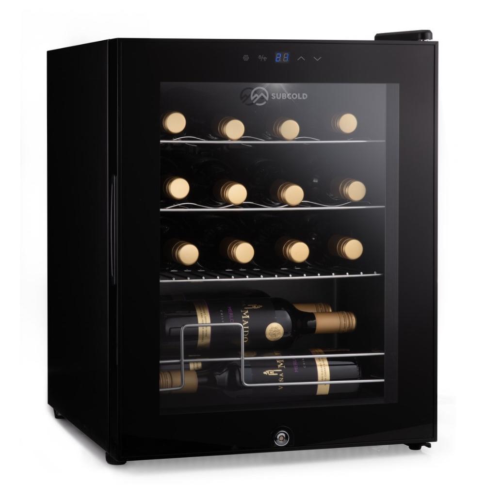Black wine cooler with glass door, wine racks, and warm LED interior lights