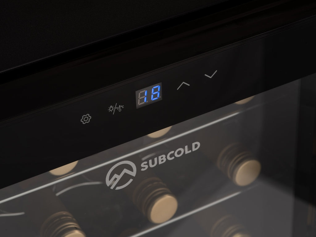 Black wine cooler LED control panel with digital temperature display
