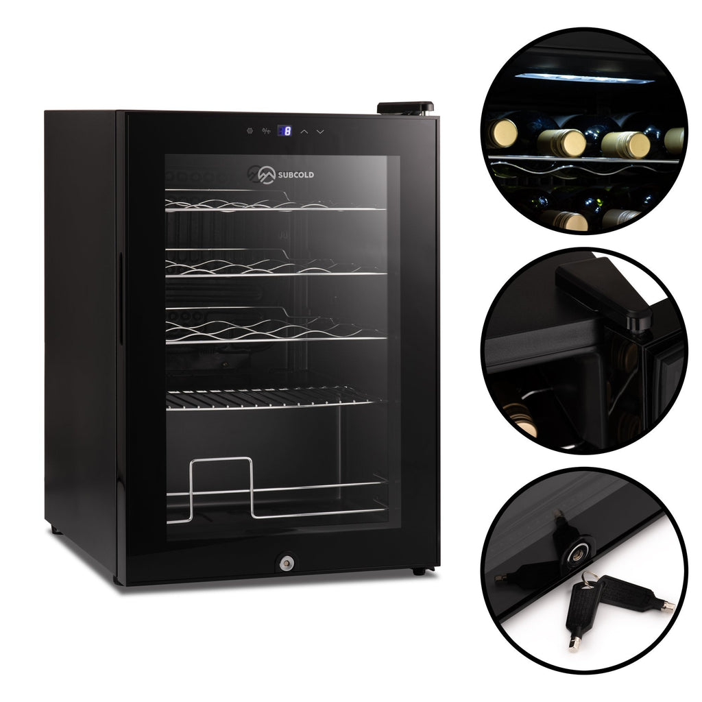 Black wine cooler with glass door, interior lights, and door lock detail