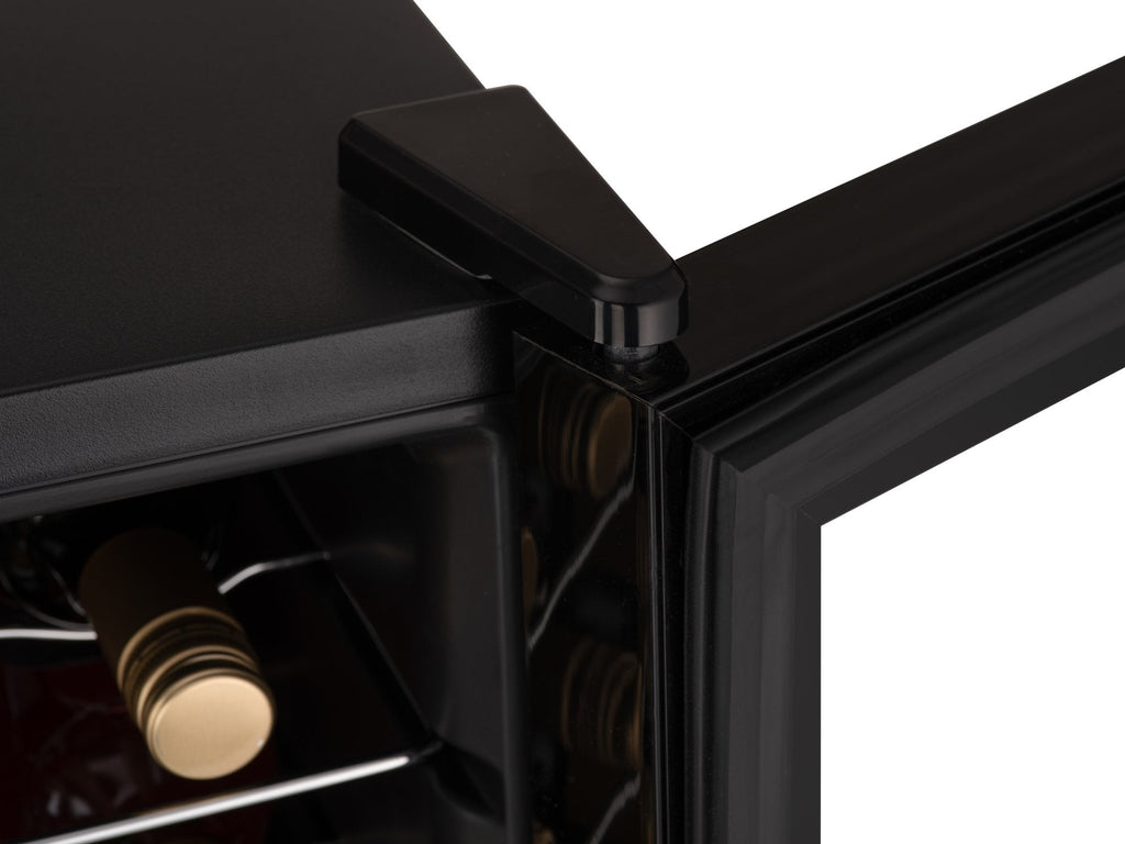 Black wine cooler corner with top handle and bottle storage inside
