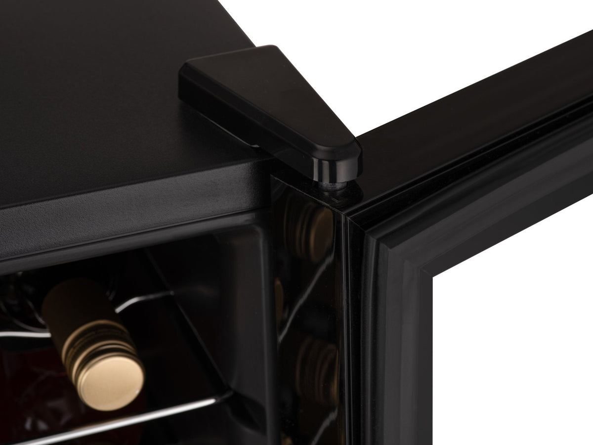 Black wine cooler corner with top handle and bottle storage inside