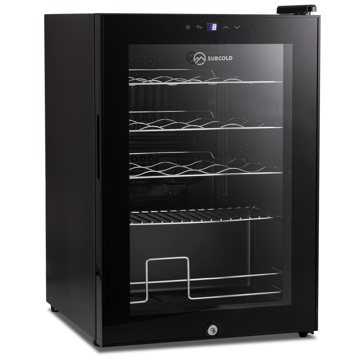 Black wine cooler with glass door and interior wire shelves