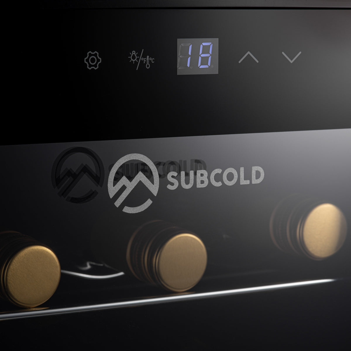 Wine cooler control panel with digital display and touch icons on dark front