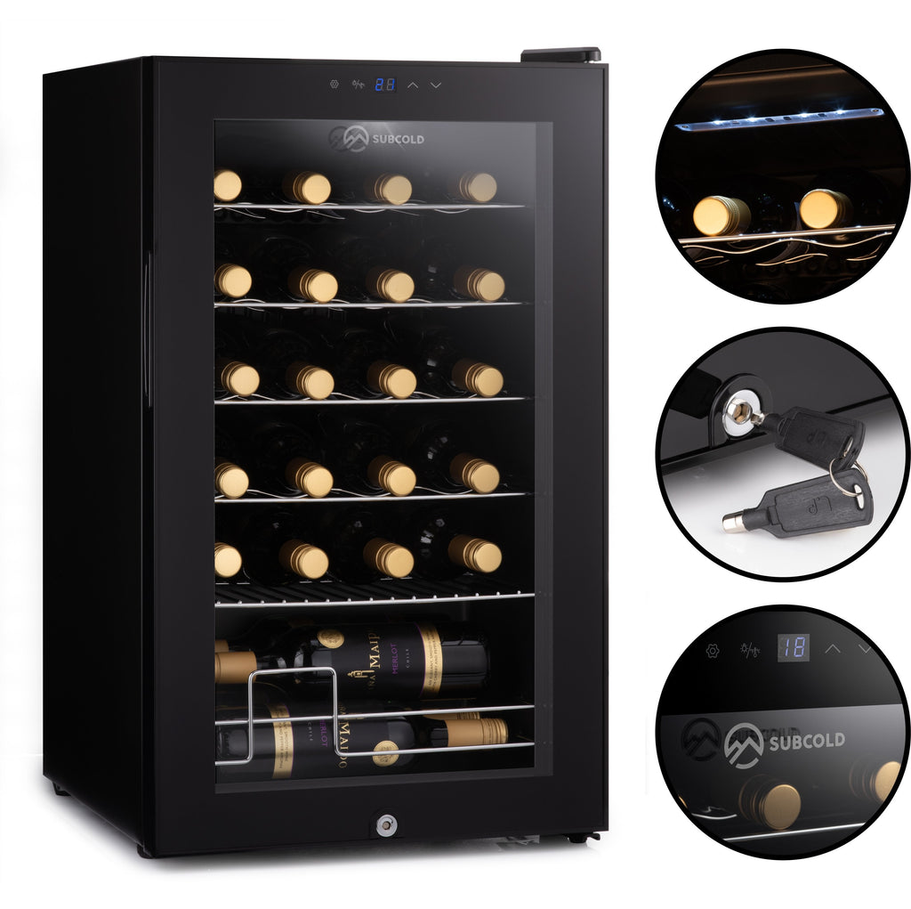 Black wine cooler with glass door and close-up views of lock, controls, and logo