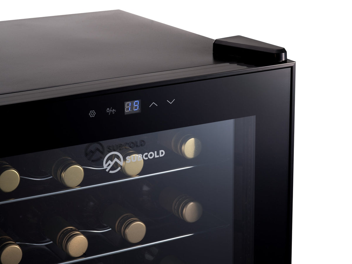 Wine cooler top front with touch controls and digital temperature display