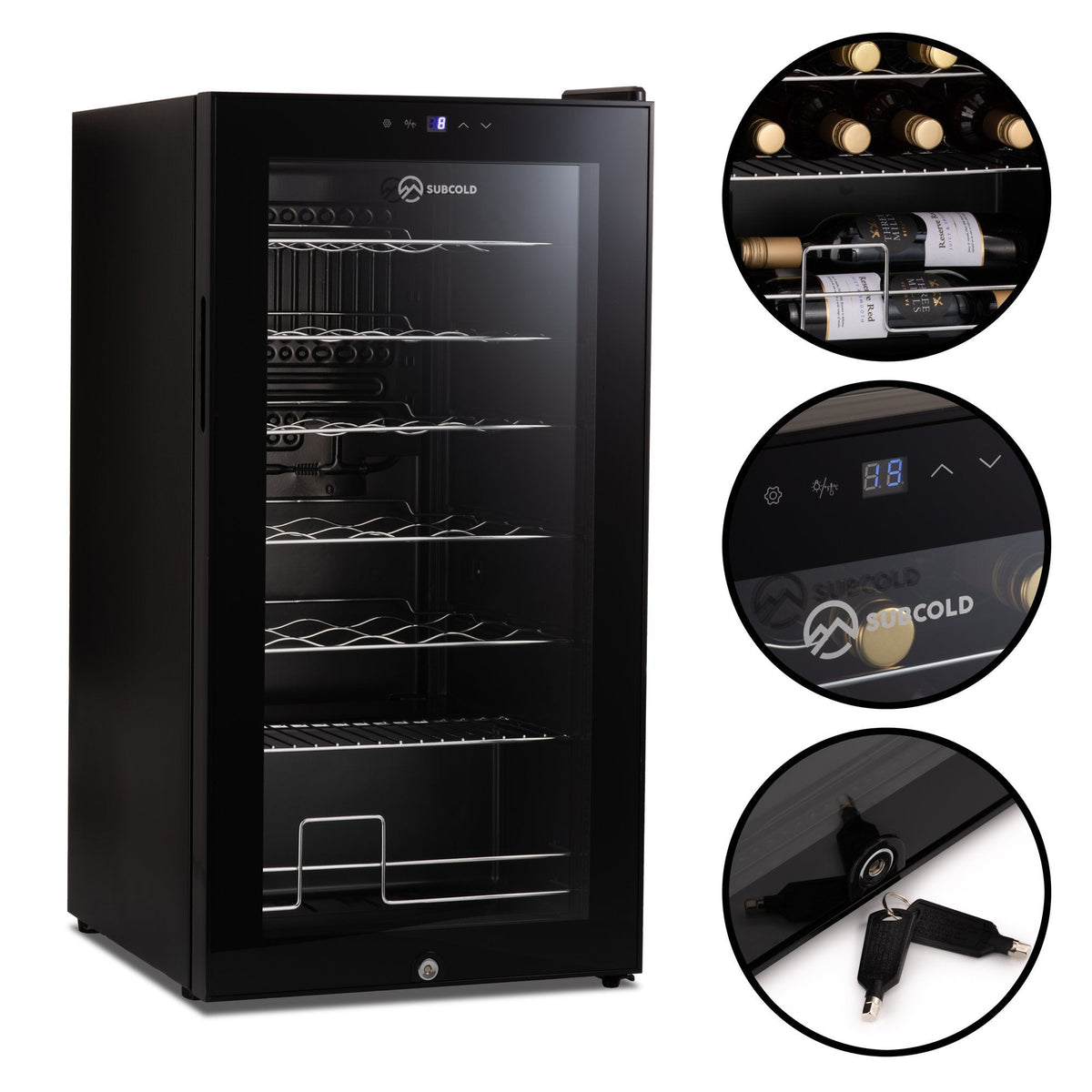 Black LED wine cooler with open view of interior racks, showing controls and door