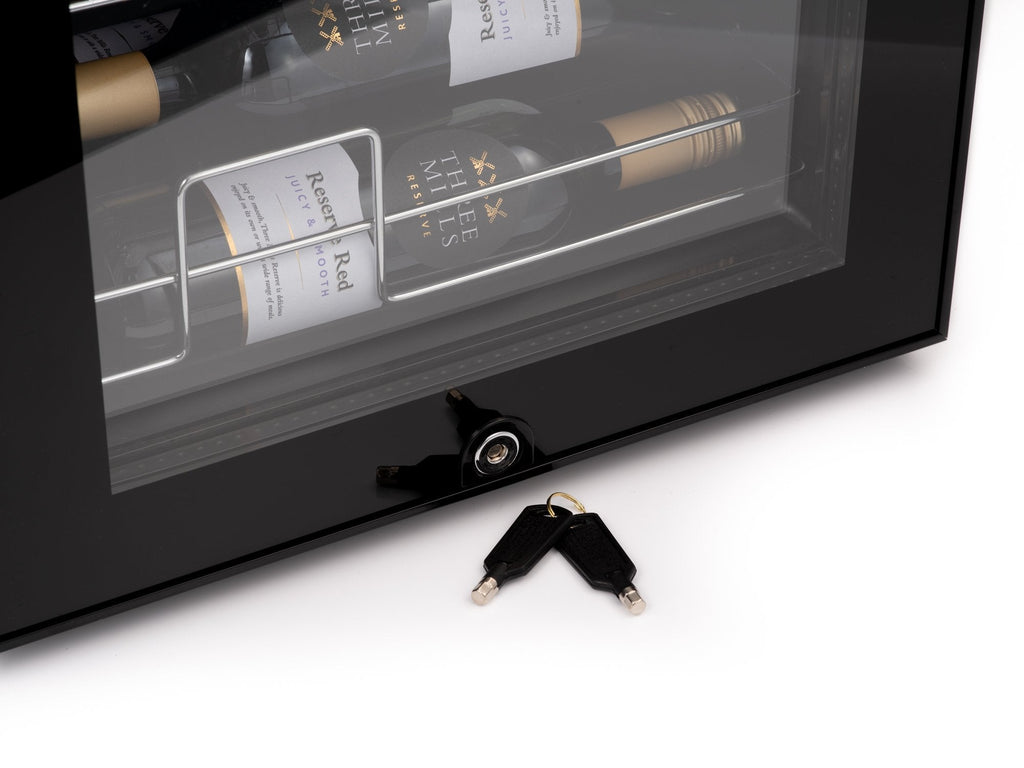 Wine cooler door close-up with bottle shelf and power cord key access
