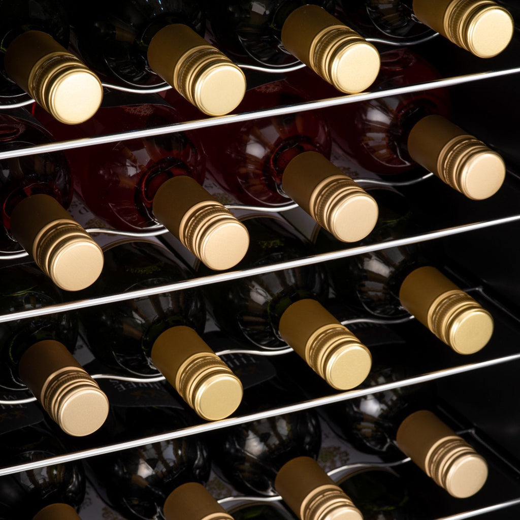 Close-up of LED-lit wine cooler shelves with bottles in multiple rows