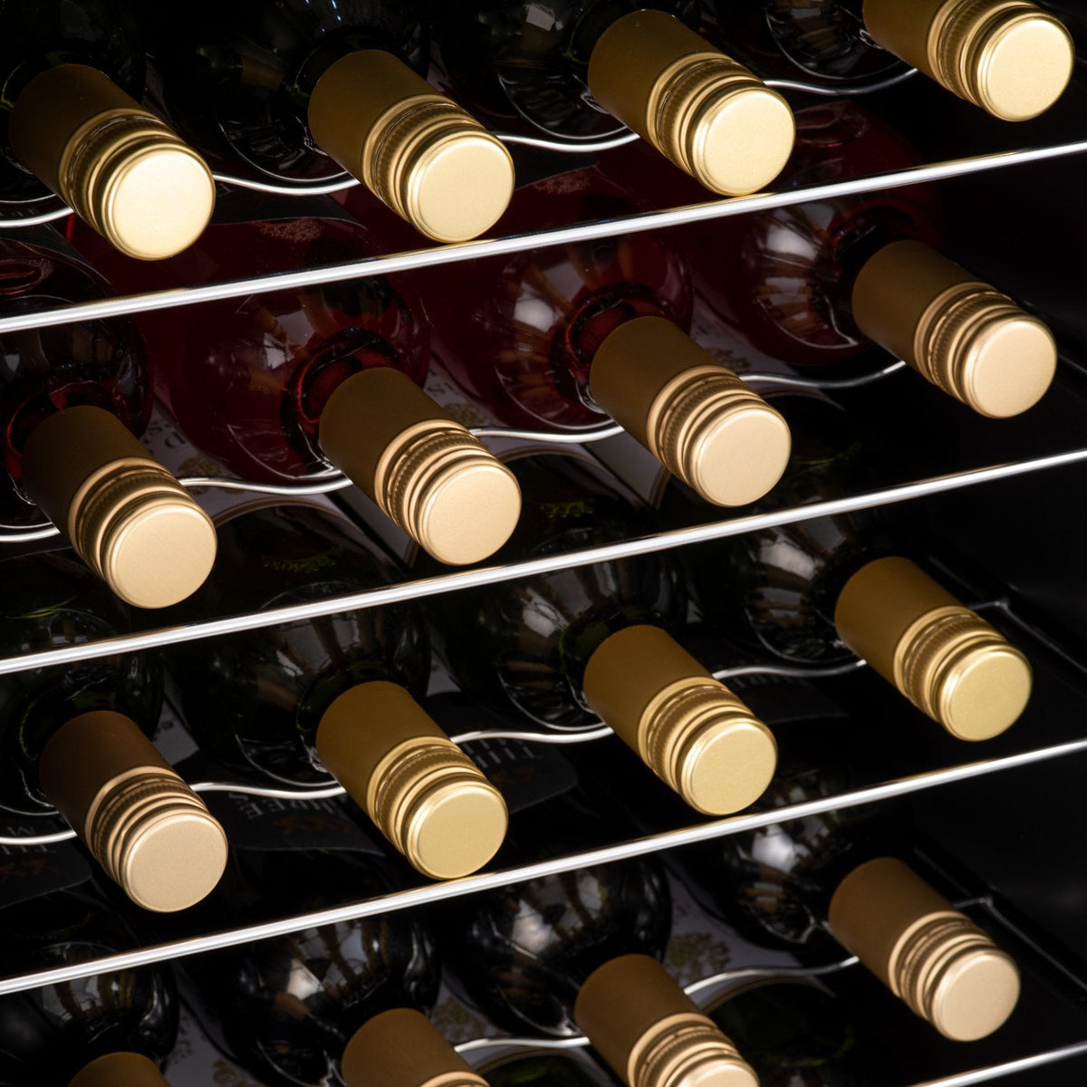 Close-up of LED-lit wine cooler shelves with bottles in multiple rows