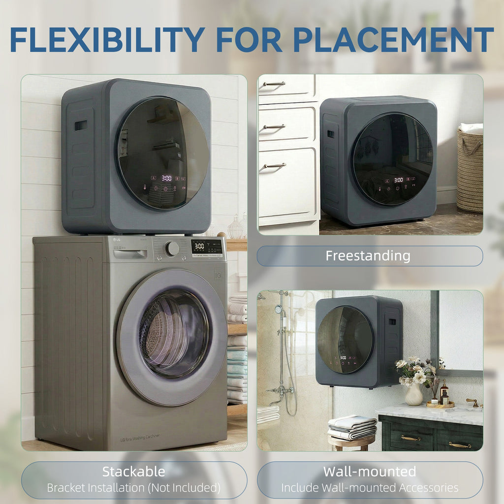 Grey tumble dryer shown in freestanding and wall-mounted placement views