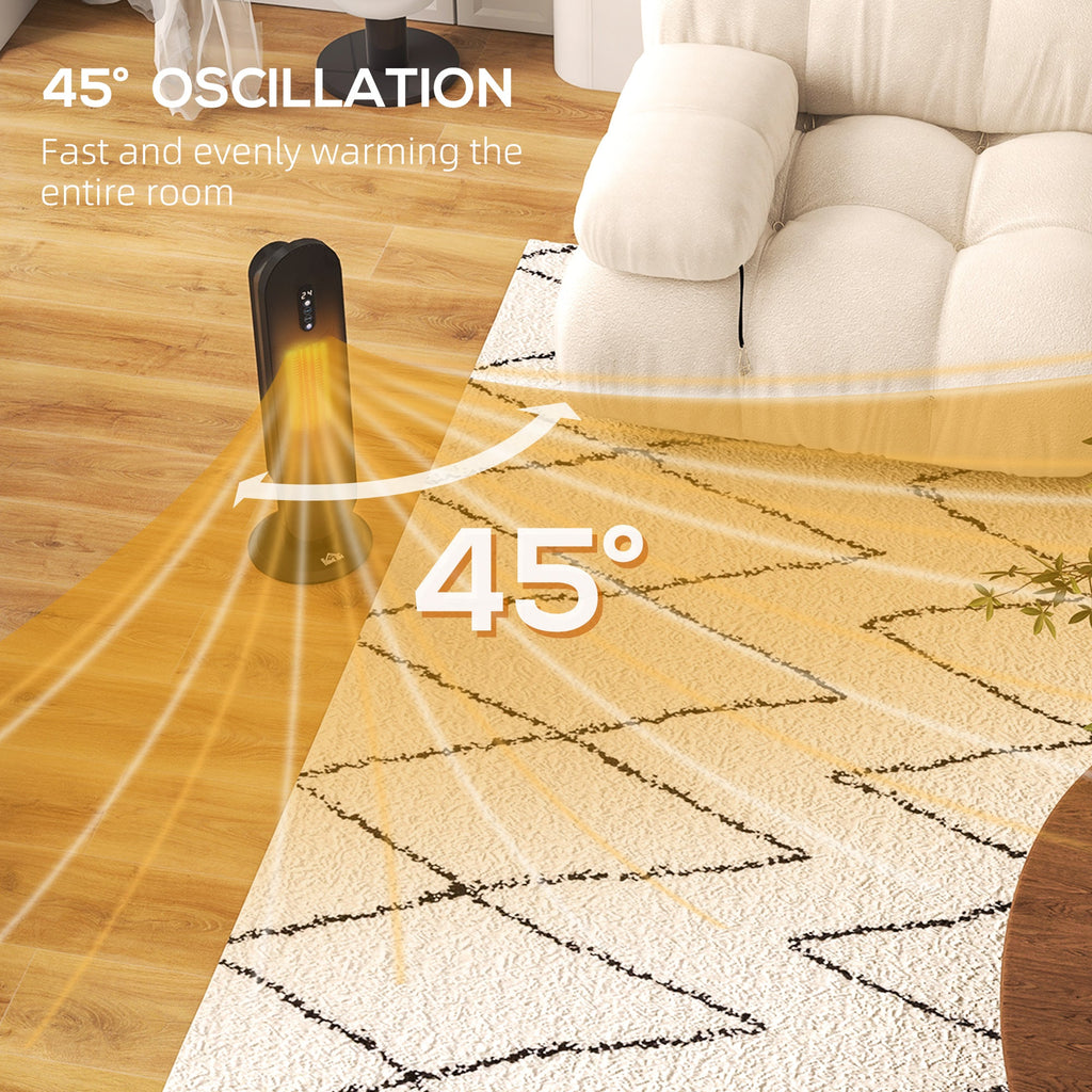 Black oscillating ceramic space heater with LED panel; 45° oscillation