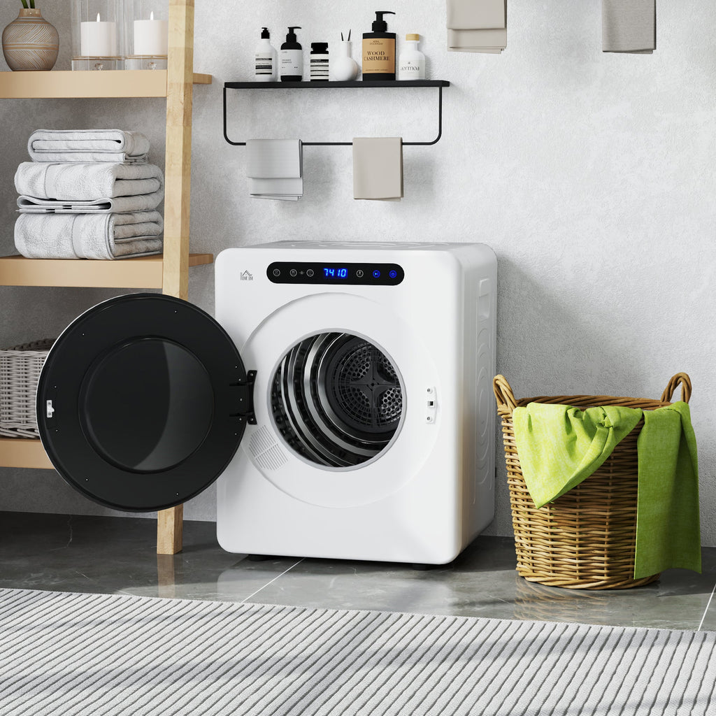 White compact vented tumble dryer with open door and visible drum interior