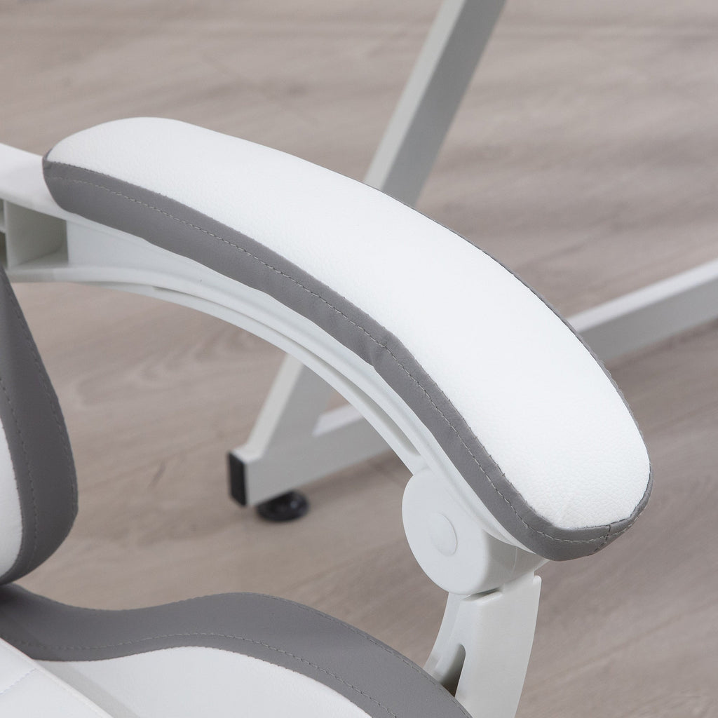 Close-up of white and gray padded armrest on a swivel gaming chair