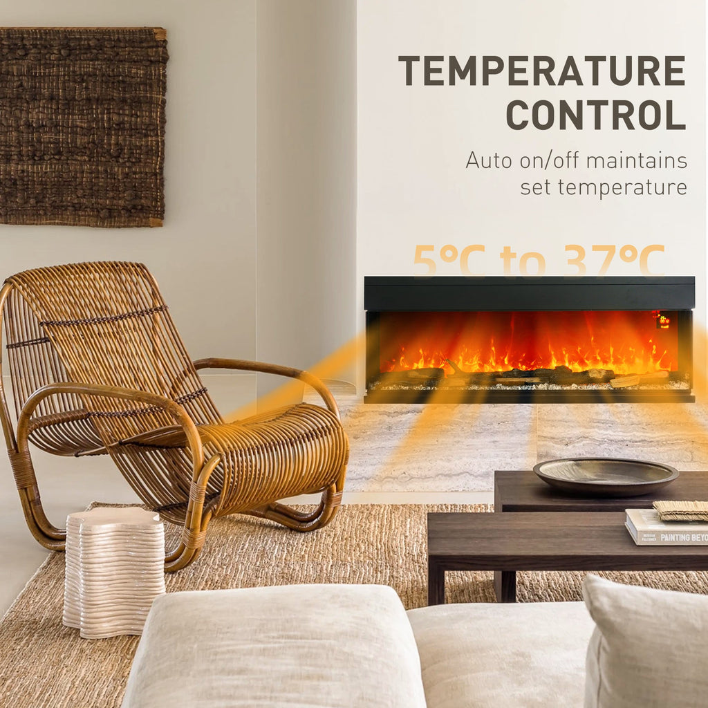 Black glass-panel electric flame convector heater with orange flame window and temperature control.