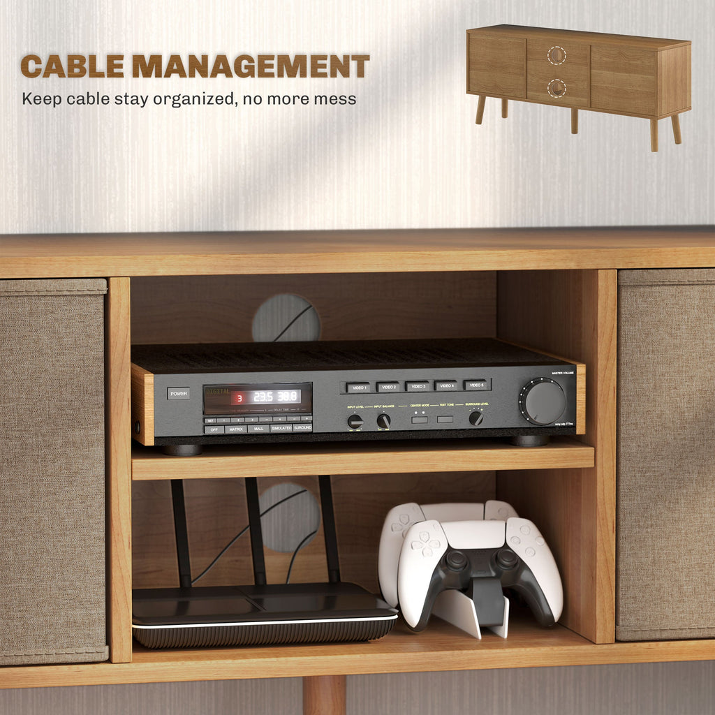 TV cabinet interior with cable management pass-through and open media shelf, wood frame