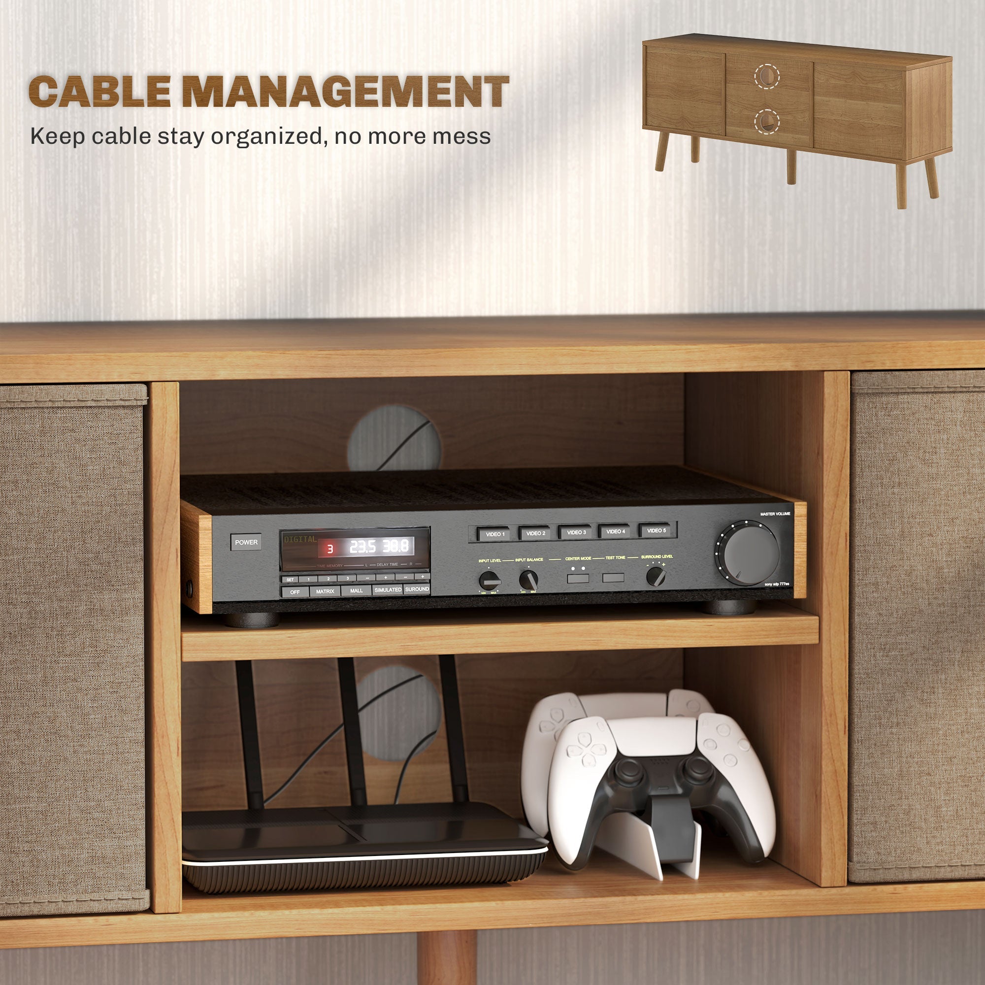 TV cabinet interior with cable management pass-through and open media shelf, wood frame