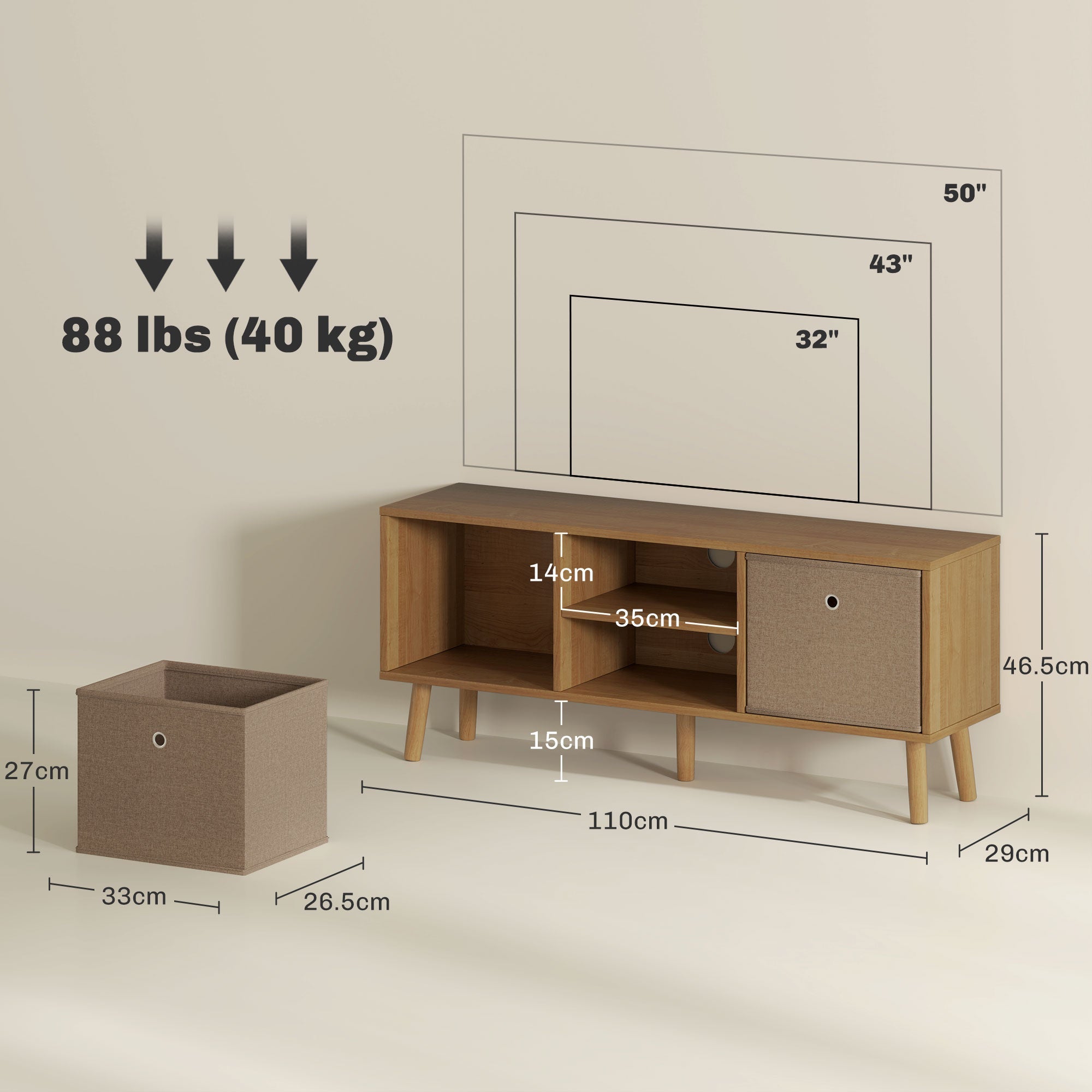 Brown TV cabinet dimensions view with open center shelf and fabric side doors