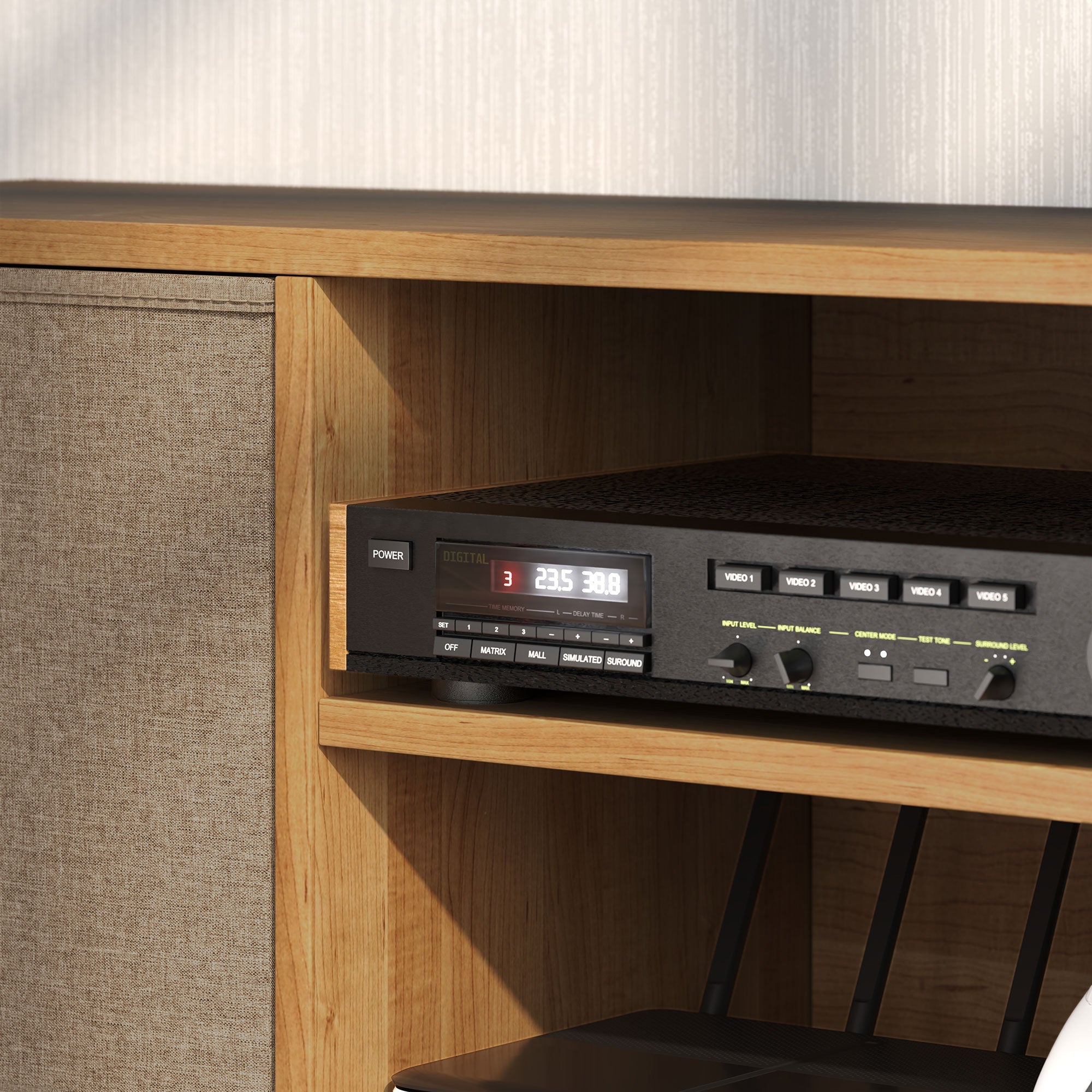Rustic brown TV cabinet with open shelf for media player and device display