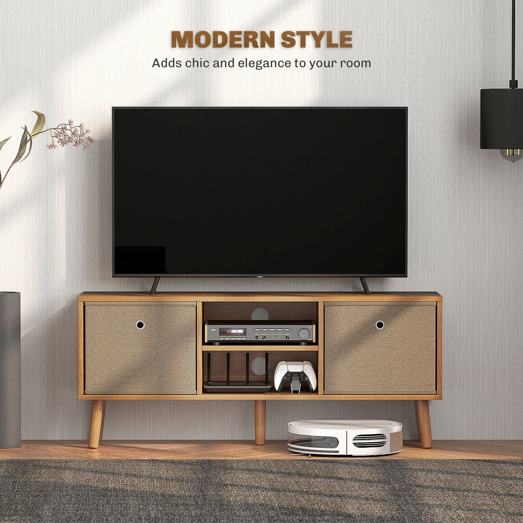 TV cabinet with open center shelf and fabric side panels; rustic brown wood frame